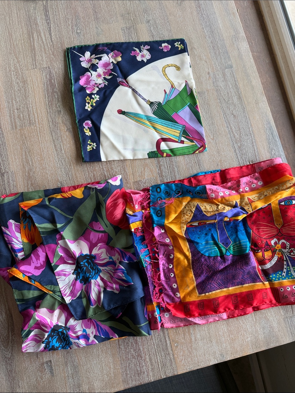 Colorful Floral and Cat Print Silk Scarves - Set of 3